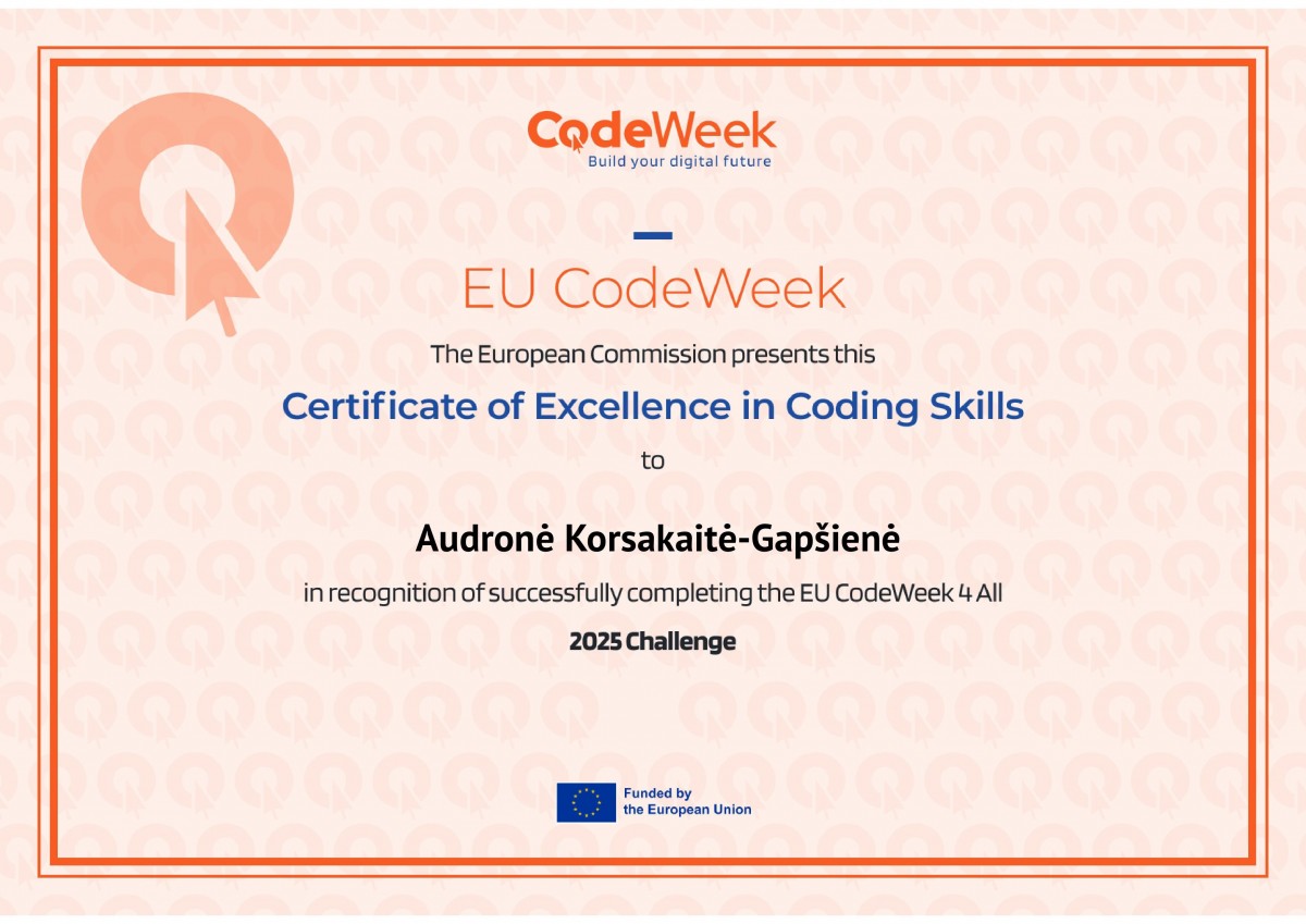 EU Code Week Certificate of Excellence in Coding Skills | Šiaulių ...