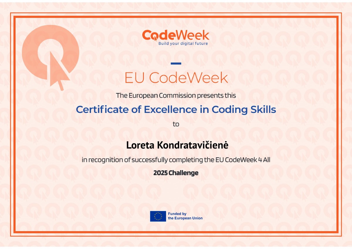 EU Code Week Certificate of Excellence in Coding Skills | Šiaulių ...